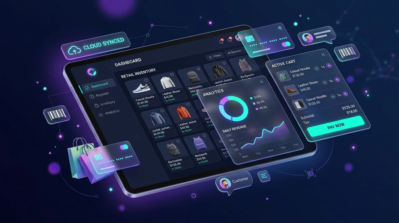 Illustration of a cloud-synced retail point-of-sale: inventory, active cart and analytics on a tablet